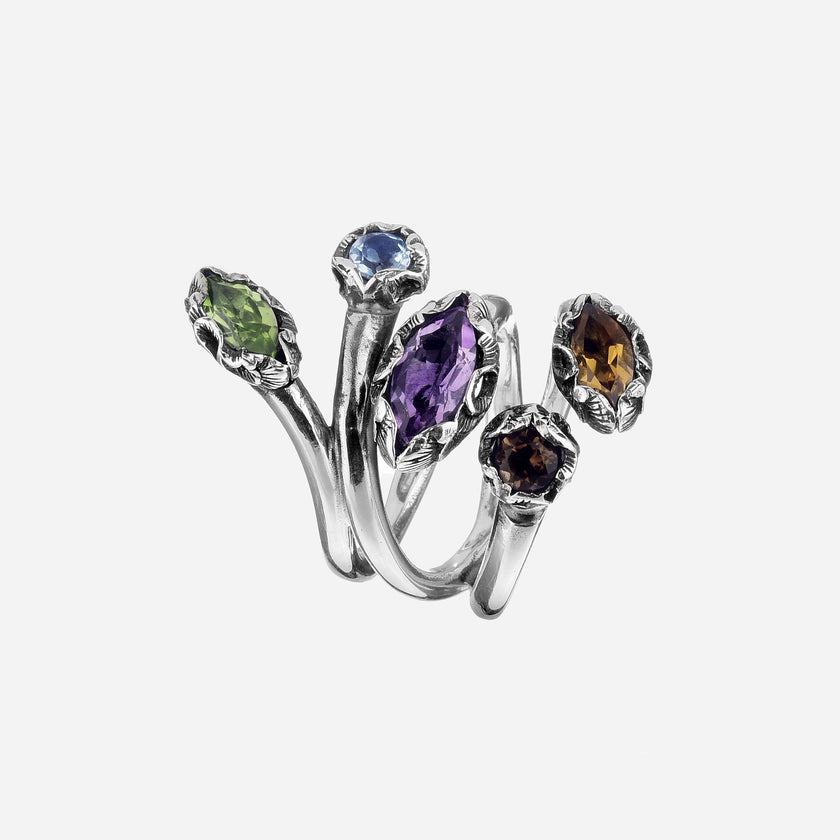 Anello Shri intrecciato con 5 pietre miste