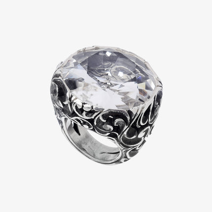 Ring with large round stone and damask plate