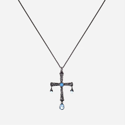 Cross necklace, central stone and 3 hanging drops