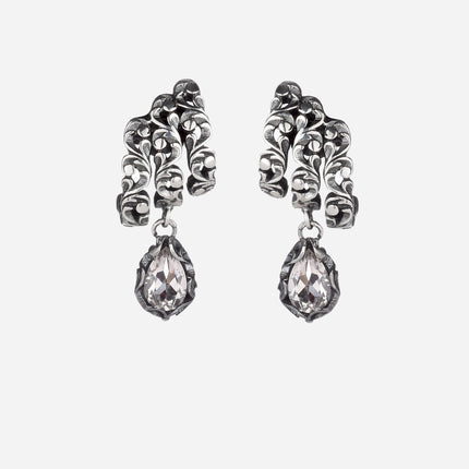 Shri earrings in burnished silver with hanging drop stone