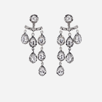 Shri earrings in burnished silver, round lobe stone and cascade of teardrop stones