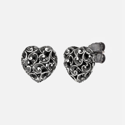 Shakti Love earrings with lobe heart carved in burnished silver